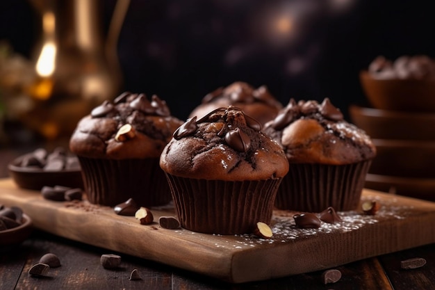 A wooden cutting board with chocolate muffins on it