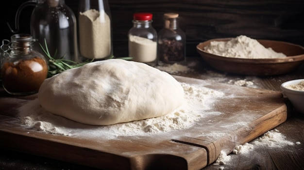 A wooden cutting board with dough on it