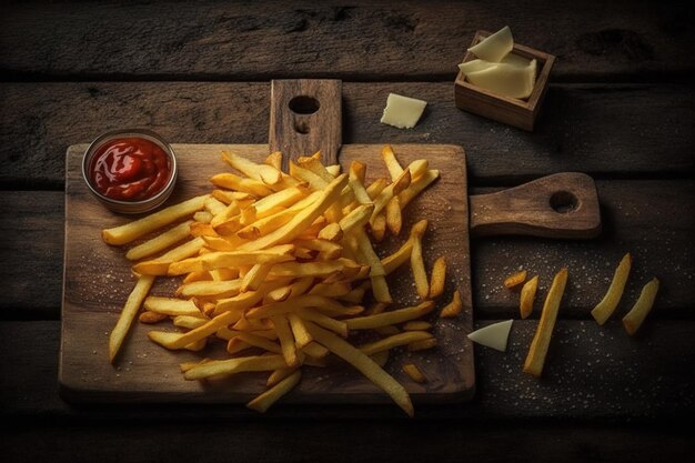 A wooden cutting board with french fries and a small bowl of cheese on it.