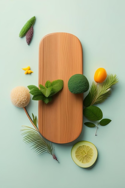 A wooden cutting board with fruits and vegetables on it.