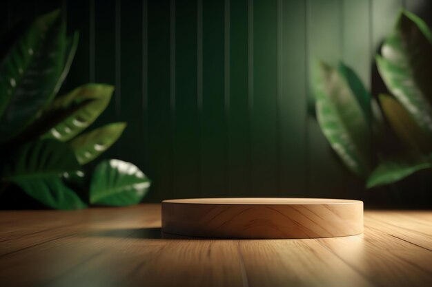 A wooden cutting board with a green plant behind it.