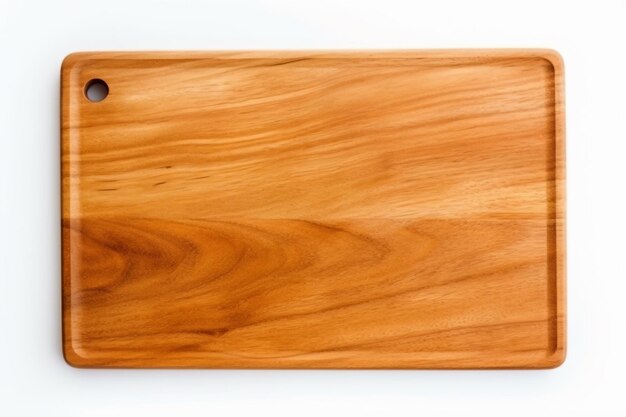 a wooden cutting board with a handle on a white surface