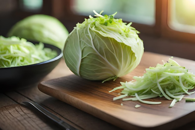 A wooden cutting board with a head of cabbage on it.