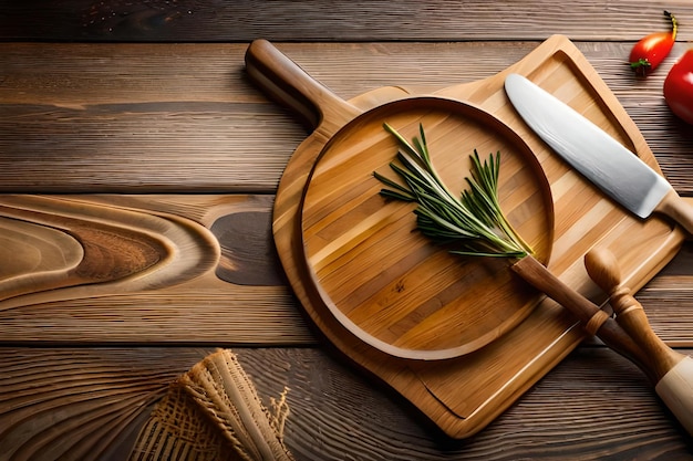 Photo a wooden cutting board with a knife and a wooden spoon on it