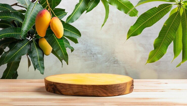 Photo a wooden cutting board with a mango on it and a bunch of mangoes hanging from the tree.