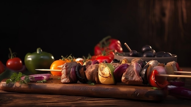 A wooden cutting board with meat and vegetables on it