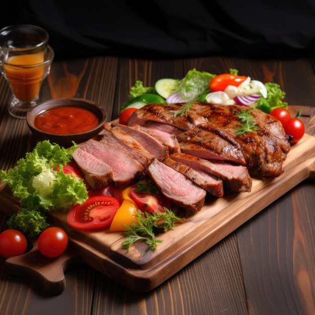 A wooden cutting board with meat and vegetables on it.