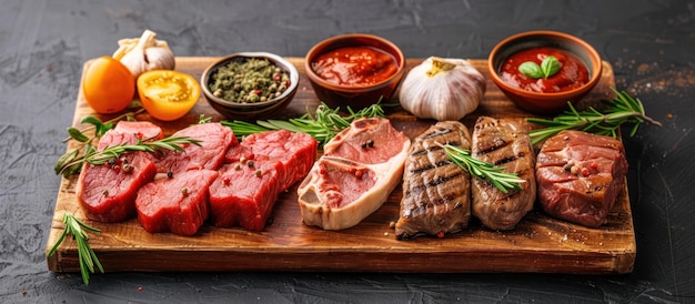 Photo wooden cutting board with meat and vegetables