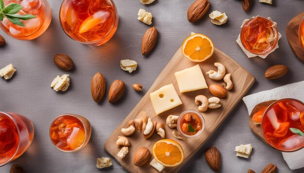 Photo a wooden cutting board with nuts and nuts on a table