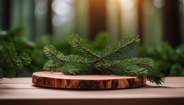 Photo a wooden cutting board with pine branches on top