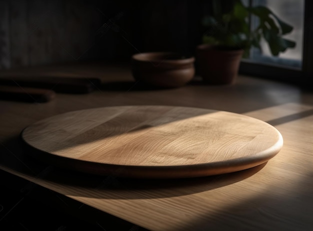 A wooden cutting board with a plant in the background