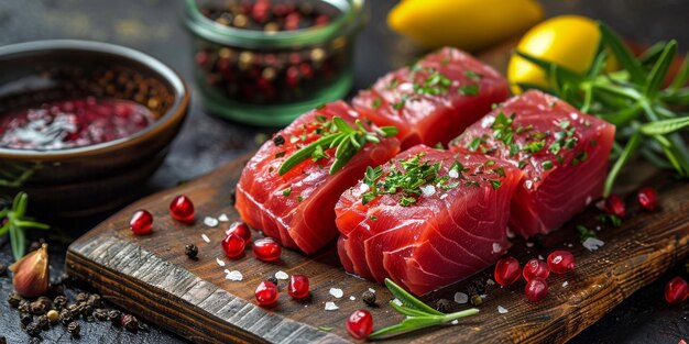 Photo wooden cutting board with raw fish