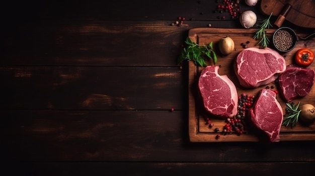 A wooden cutting board with raw meat and vegetables on it.