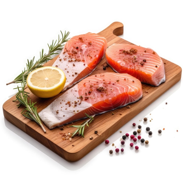 A wooden cutting board with salmon and lemon slices on it.