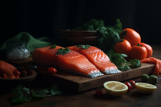 A wooden cutting board with salmon and tomatoes on it