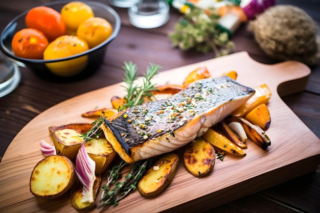 A wooden cutting board with a salmon and vegetables on it