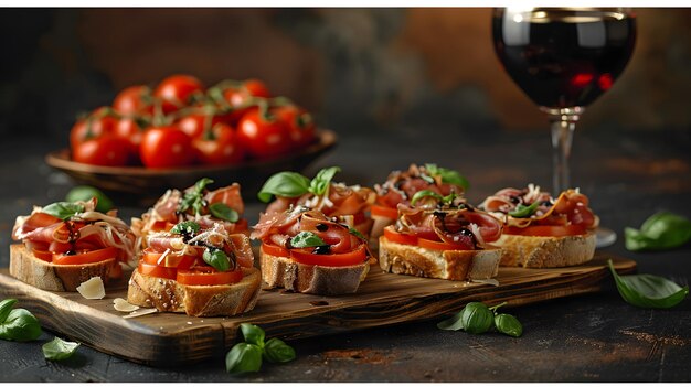 Wooden cutting board with sandwiches and a glass of wine