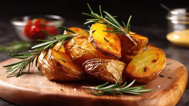 A wooden cutting board with sliced potatoes and a sprig of rosemary.