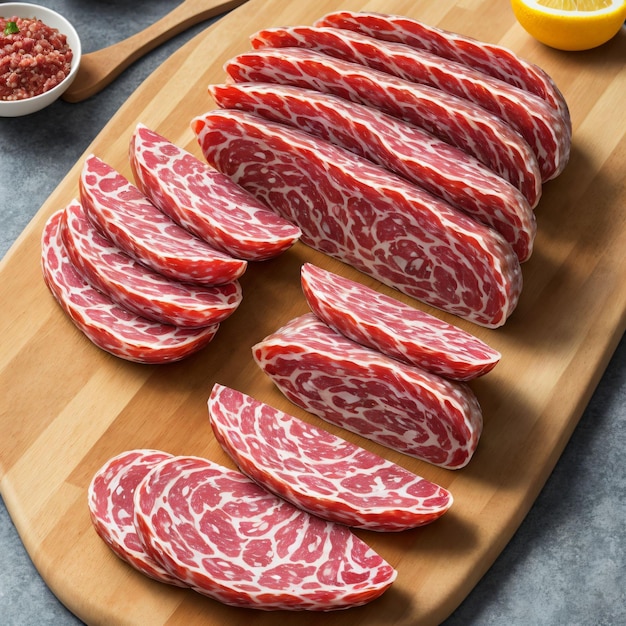 A wooden cutting board with slices of meat and a lemon on the side.