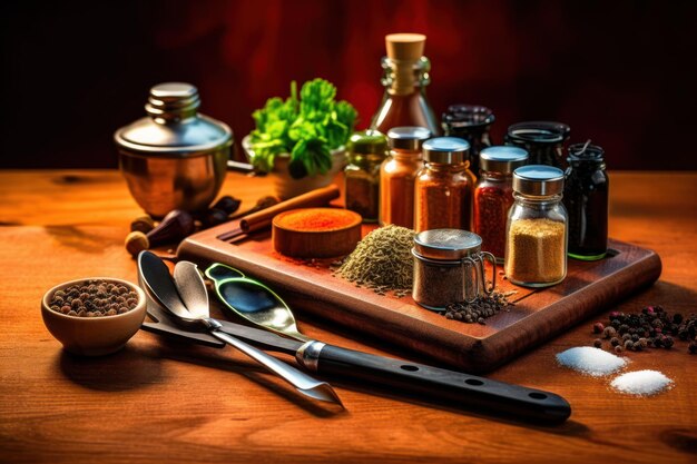 A wooden cutting board with spices and a knife on it