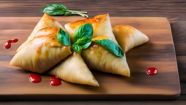 A wooden cutting board with a stack of empanadas on it.