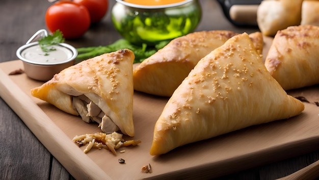 A wooden cutting board with three samosas on it