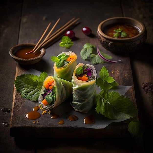 A wooden cutting board with three sushi rolls on it and a bowl of soup on the side.