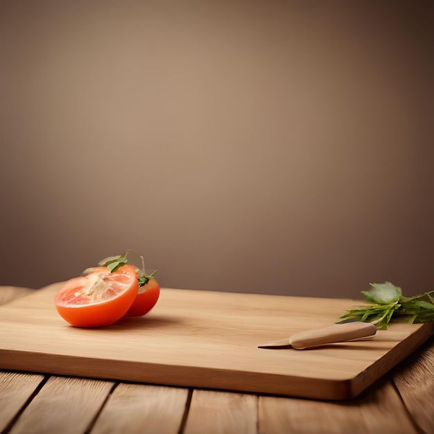 Photo a wooden cutting board with a tomato and a knife on it