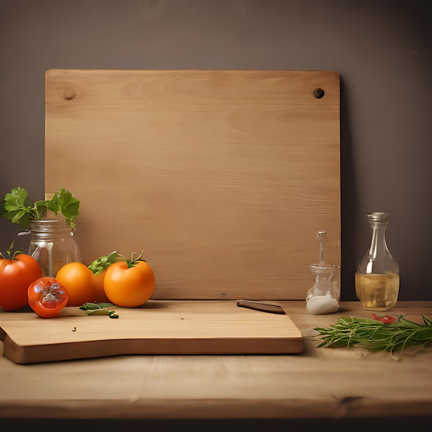 Photo a wooden cutting board with tomatoes and a bottle of oil