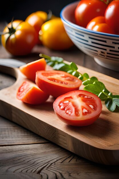 A wooden cutting board with tomatoes and a bowl of tomatoes on it.