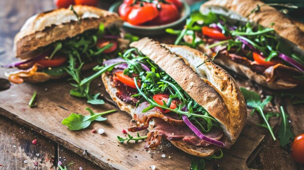 Photo wooden cutting board with two sandwiches