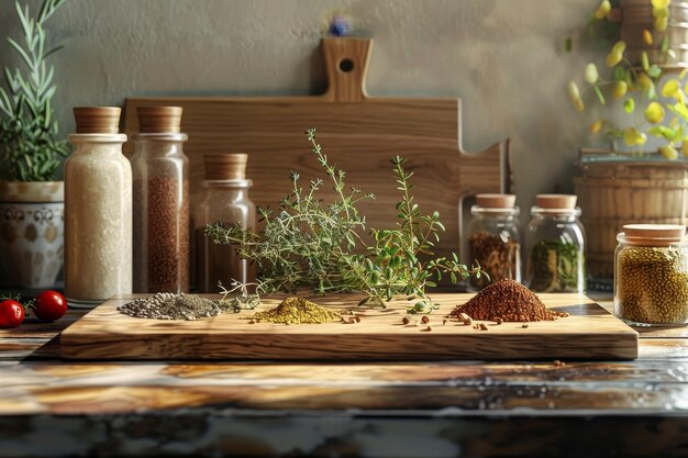 A wooden cutting board with a variety of spices and herbs on it