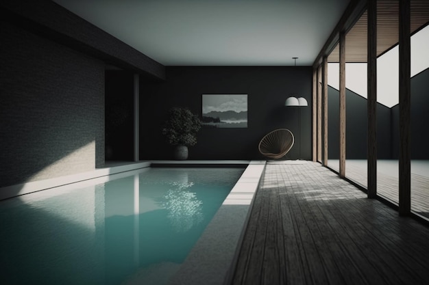 Wooden dark terrace with lounge chair and swimming pool evening Generative AI