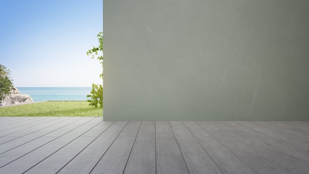Деревянная палуба 3d рендеринга с видом на море и пустой бетонной стеной