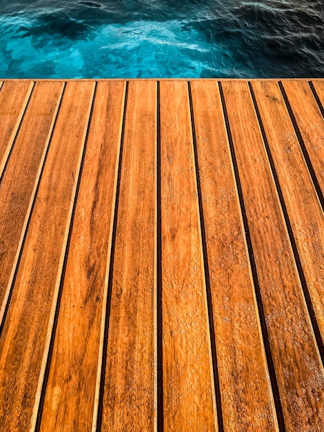 Wooden deck by the pool in close up for background