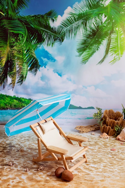 Wooden deck chair on a sandy beach