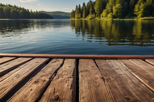 Foto un ponte di legno con vista su un lago tranquillo