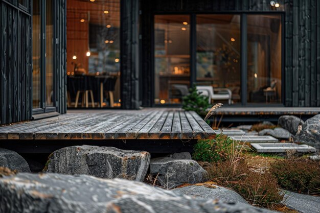 A wooden deck surrounded by rocks and grass