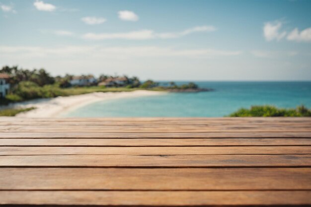 Wooden deck on tropical beach with blue sea and sky background