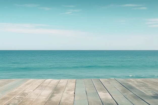 A wooden deck with a blue ocean and a blue sky