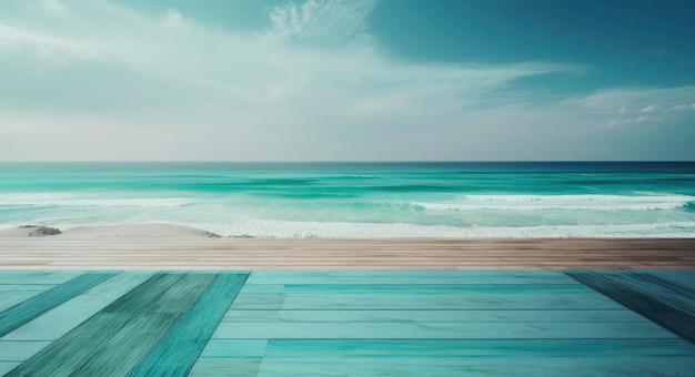 Деревянная палуба с синим морем и небом на заднем плане.
