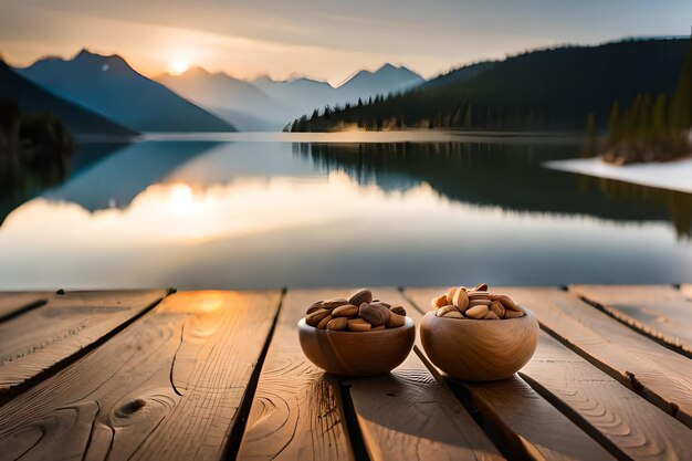 a wooden deck with a bowl of nuts and a bowl of nuts on a wooden deck with mountains in the background.