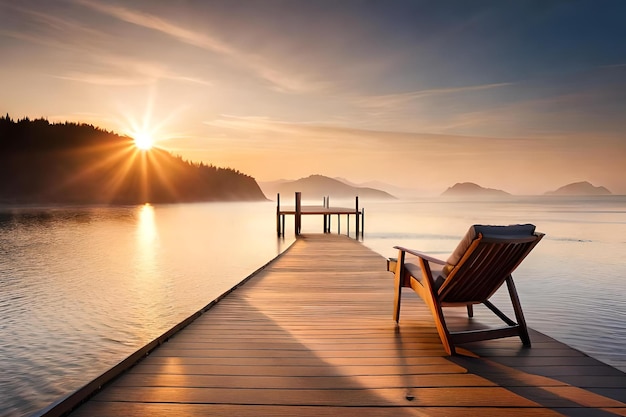 A wooden deck with a chair on it and the sun setting behind it.