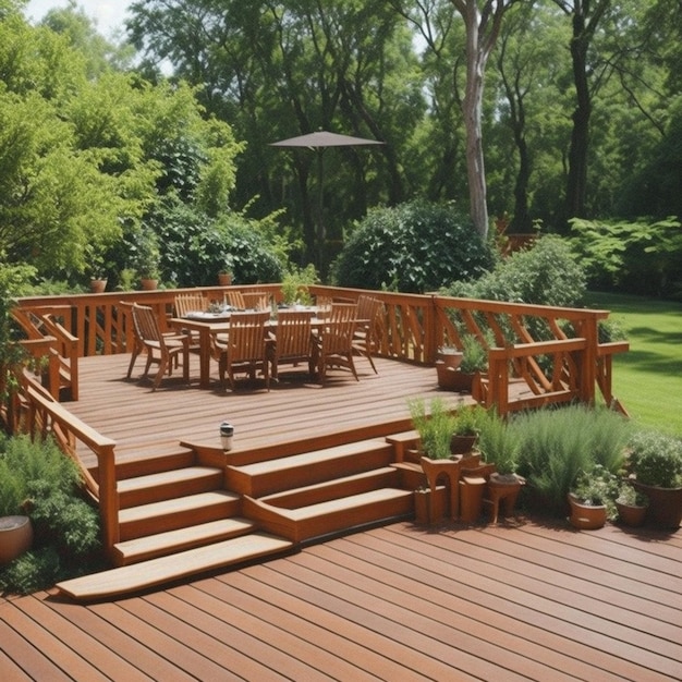 Wooden deck with chair and plants on the background AI Generated