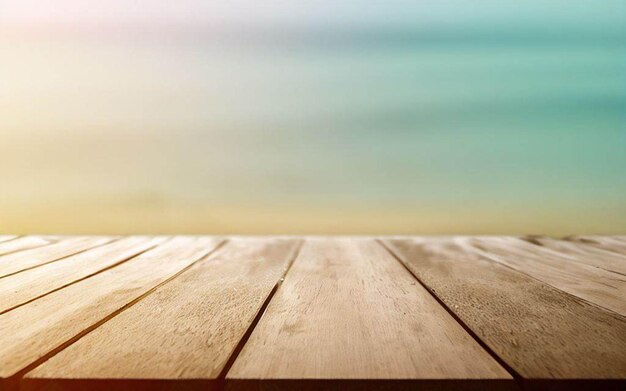 A wooden deck with a colorful sky in the background