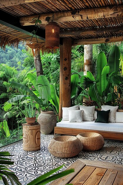 Wooden Deck With Couch and Table Under Tree