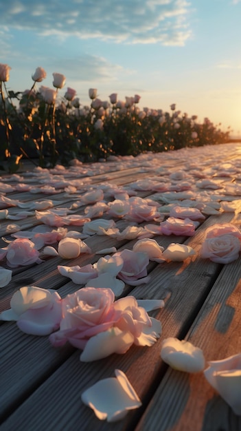 A wooden deck with flowers on it