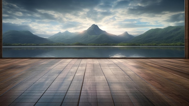 A wooden deck with mountains in the background