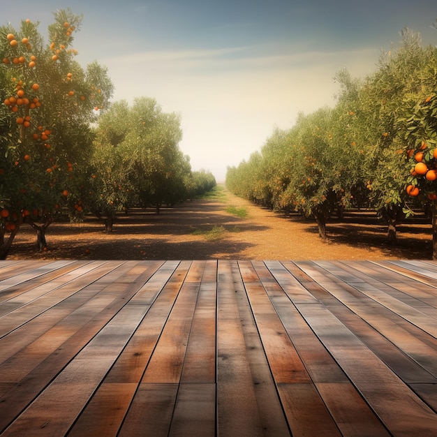 A wooden deck with oranges on it and a sky in the background.