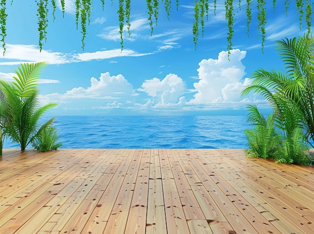 パームの木と海を背景にした木製のデッキ